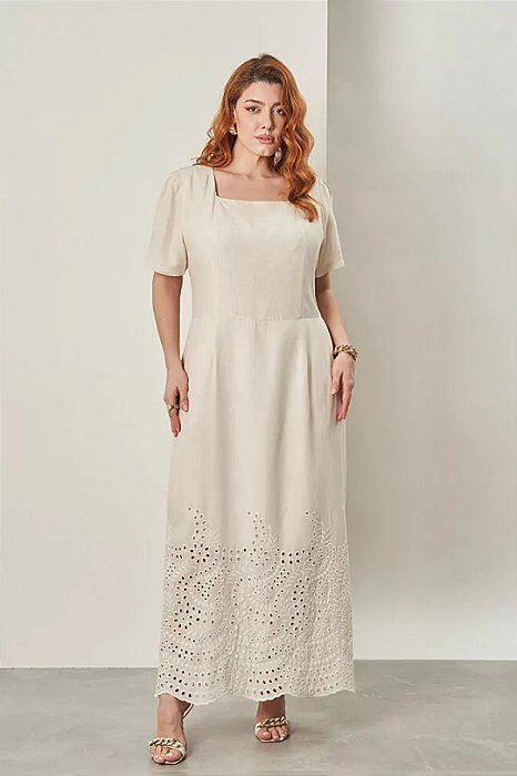 Vestido Longo Cru Com Barrado Bordado E Decote Quadrado - 42364