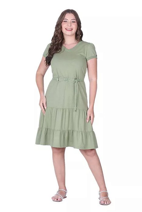 Vestido Verde Em Malha Texturizada E Ribana Acompanha Cordão Hapuk - 061787