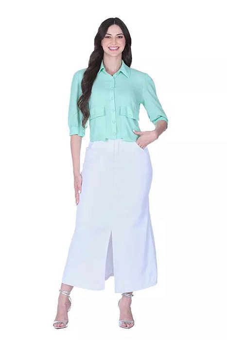Saia Maxi Midi Branca Em Jeans Collor Com Botões Encapados Hapuk - 028849
