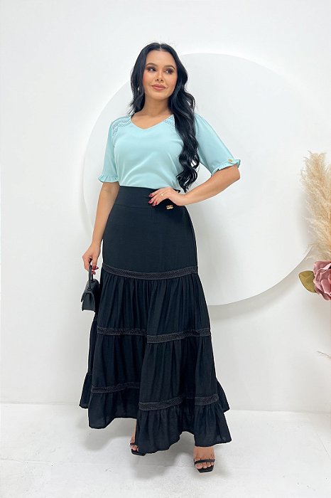 Saia Maxi Midi Preta Em Viscose Com Poliamida Maria Amore - 00996