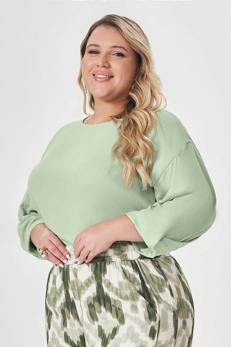 Blusa Verde Em Linên Manga 7/8 Com Detalhe - 202019