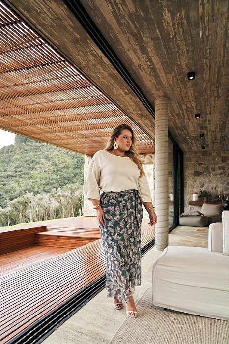 Blusa Cru Em Linên Manga 7/8 Com Detalhe - 202019