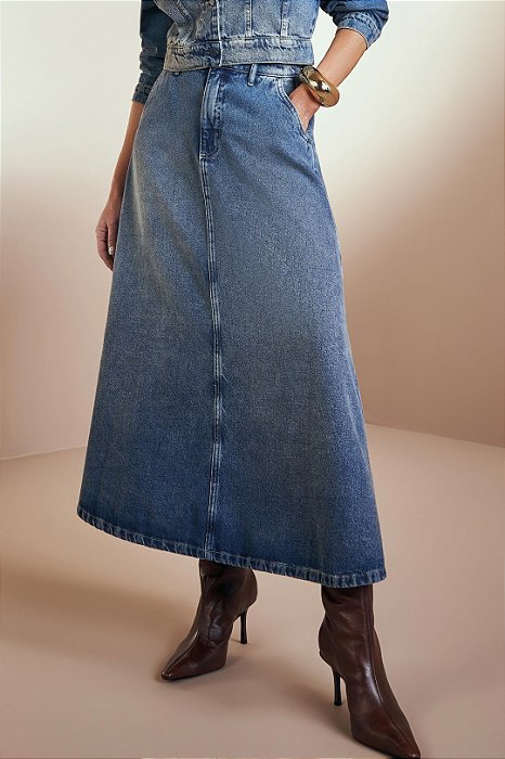 Saia Maxi Midi Jeans Evasê Com Bolsos Frontais E Traseiros - 105268
