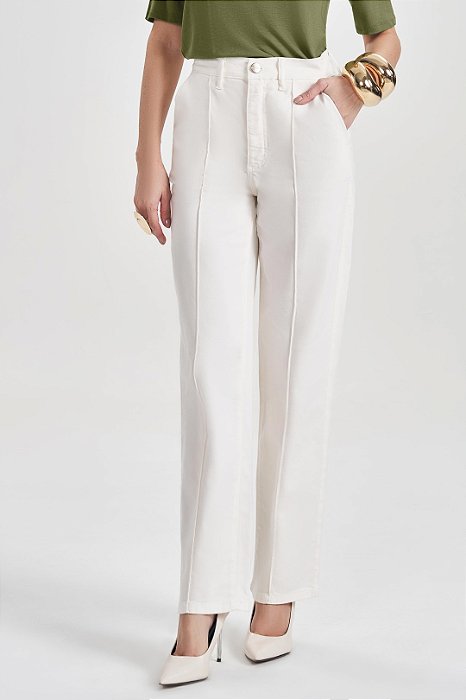 Calça Off White Reta Em Sarja Com Elastano Com Bolsos - 105237
