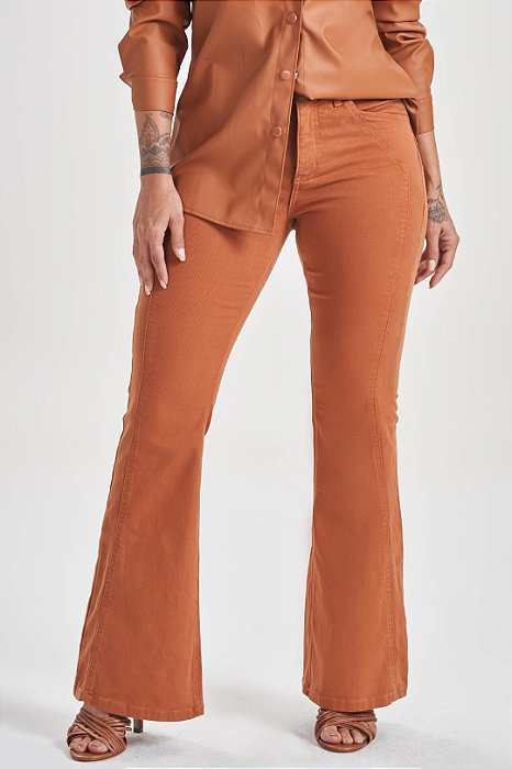 Calça Flare Ocre Cintura Alta Em Sarja Com Elastano - 105234