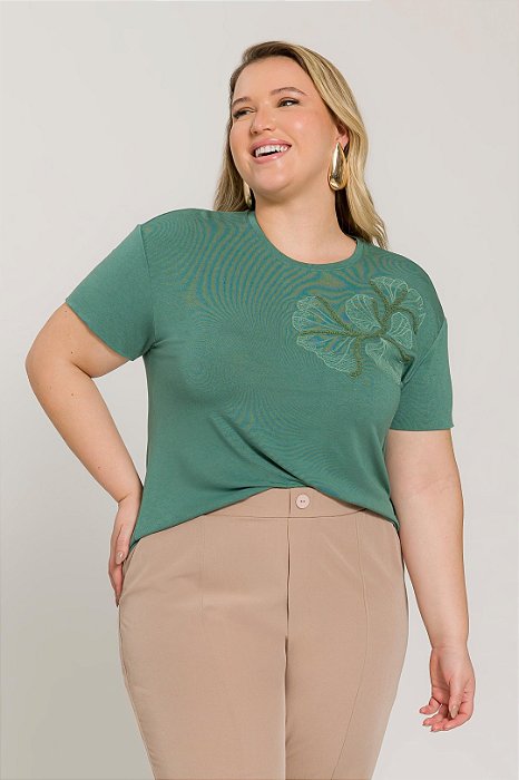 T-Shirt Verde Em Malha Viscolycra Com Detalhe Bordado - 201988