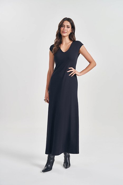 Vestido Maxi Midi Preto Em Malha Suedine De Manga Curta - 105306