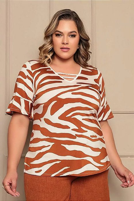 Blusa Plus Size Estampada Em Malha E Decote Com Tiras - 24870