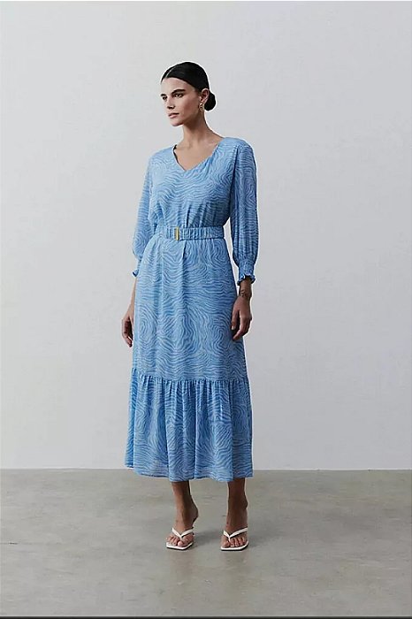 Vestido Plus Size Maxi Midi Estampado De Azul E Off White Simple Life - 15249