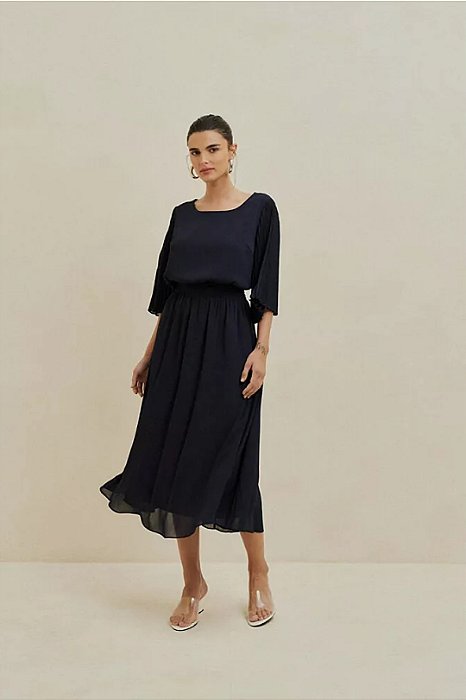 Vestido Midi Azul Em Chiffon Com Manga Plissada Simple Life - 15297