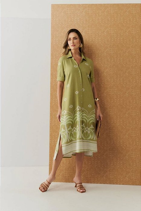 Vestido Chemise Midi Estampado Em Viscolinho Com Bolsos Laterais - 5533