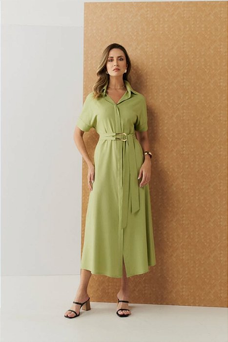 Vestido Maxi Midi Chemise Verde Em Viscolinho Acompanha Cinto - 5525