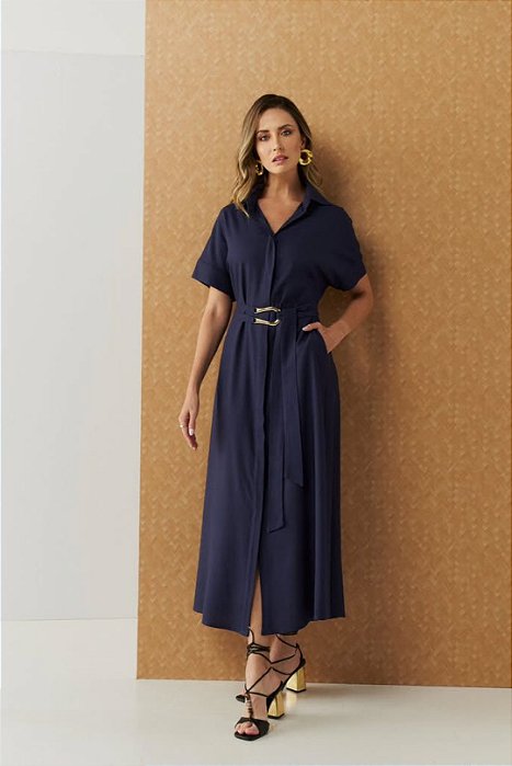 Vestido Maxi Midi Chemise Azul Em Viscolinho Acompanha Cinto - 5525