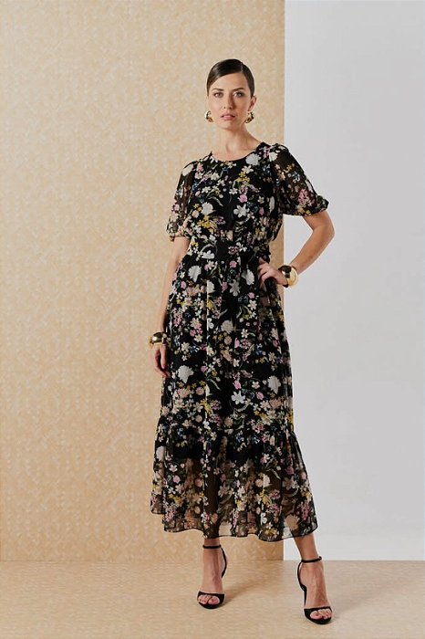 Vestido Maxi Midi Estampa Floral Em Chiffon Acompanha Faixa - 5538