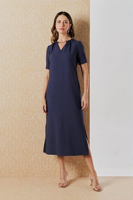Vestido Midi Azul Em Viscopoly Decote Gota Com Detalhe De Corrente - 5556