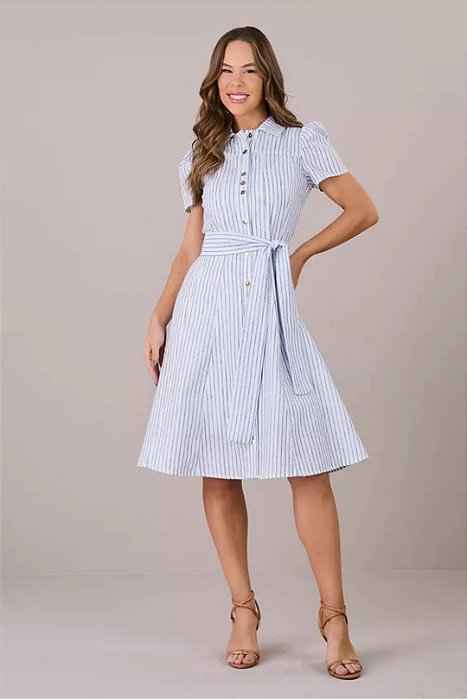 Vestido Midi Listrado De Azul E Off White Acompanha Faixa Tatá Martello - 05703