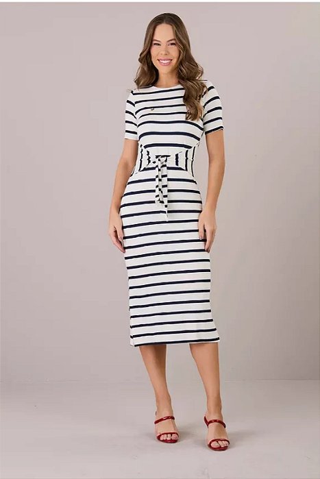 Vestido Midi Listrado De Azul E Off White Com Faixa Tatá Martello - 05356