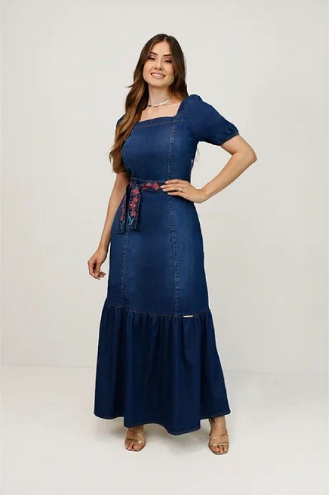 Vestido Maxi Midi Jeans Acompanha Faixa Com Bordado Nítido Jeans - 03288