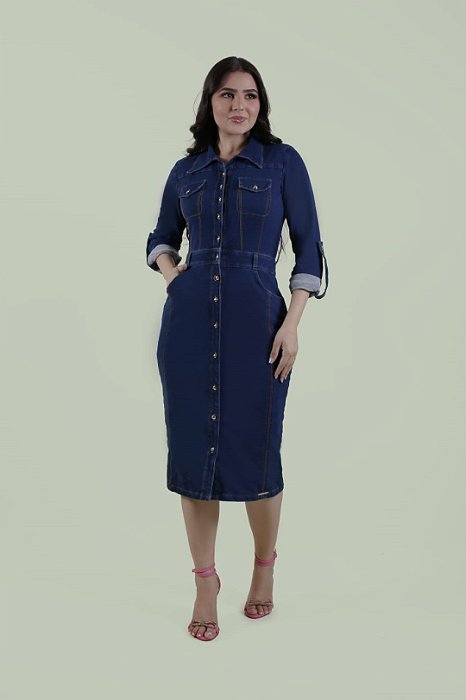 Vestido Chemise Midi Jeans De Manga Longa E Bolsos Frontais Nítido Jeans - 01935