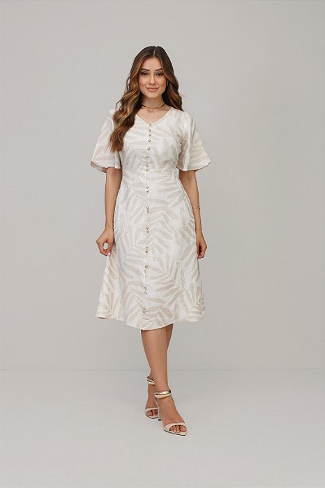 Vestido Estampado Em Linho Jacquard Com Botões Frontais Nítido Jeans - 03771