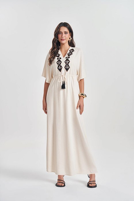 Vestido Maxi Midi Cru Em Viscolinho Com Estampa Frontal Doce Trama - 105299