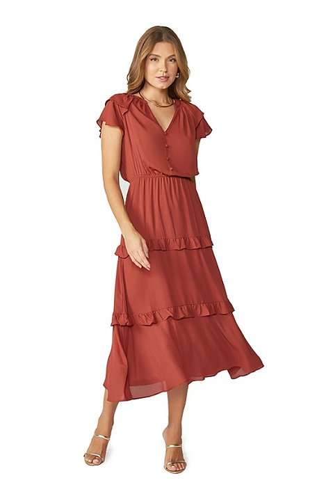 Vestido Maxi Midi Marrom Claro Em Crepe Duas Marias Com Botões Frontais - 02288