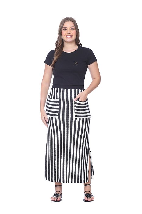 Saia Maxi Midi Listrada De Preto E Cru Em Malha Texturizada E Ribana Hapuk - 039214
