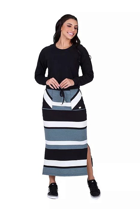 Conjunto Plus Size De Saia Maxi Midi Listrada E Blusa Preta Hapuk - 049406