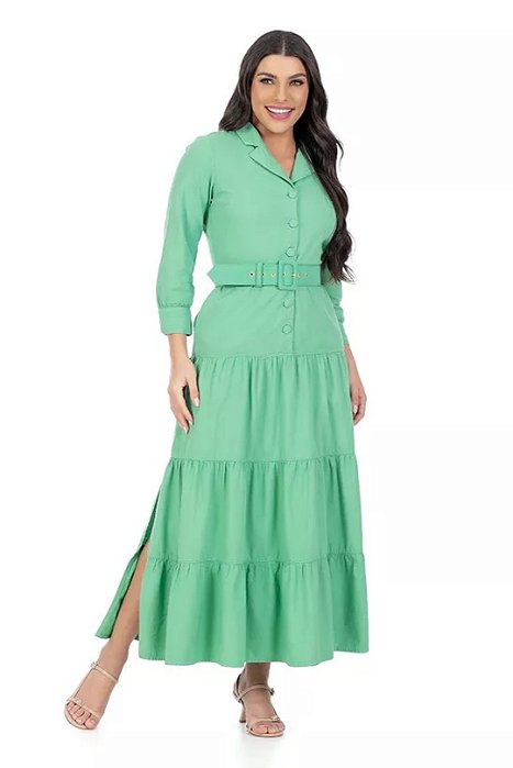 Vestido Maxi Midi Verde Em Linho Acompanha Cinto Hapuk - 060974