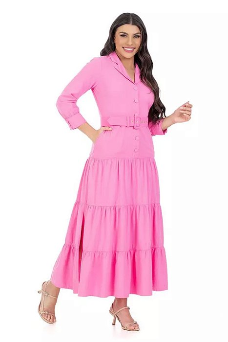 Vestido Maxi Midi Rosa Em Linho Acompanha Cinto Hapuk - 060974