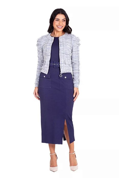 Jaqueta Plus Size Em Malha Tweed Com Lurex Azul Com Off White Hapuk - 021548