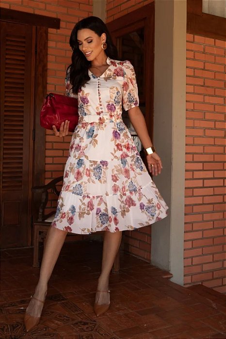 Vestido Estampado Em Toque De Seda E Tule Acompanha Cinto Jany Pim - V5010996