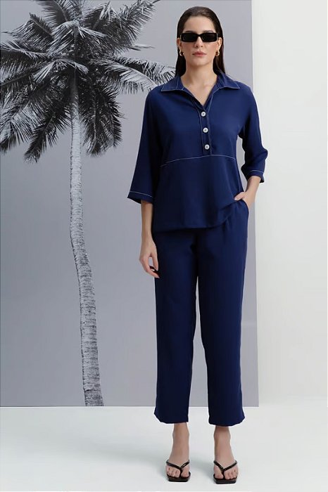 Conjunto Plus Size De Calça Azul Em Crepe Pespontado Branco Simple Life - 15209