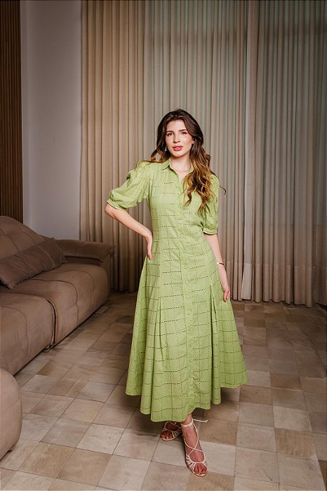 Vestido Plus Size Maxi Midi Verde Em Laise Com Botões Frontais Dazul - 4727