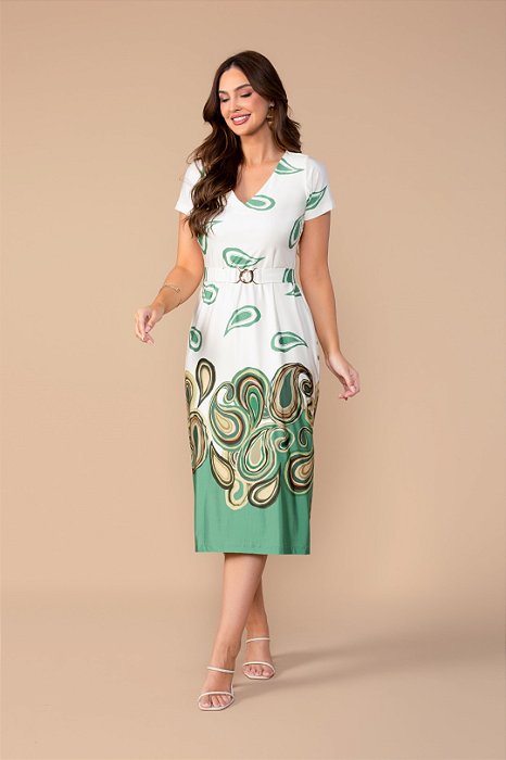 Vestido Midi Off White Com Estampa Em Tons De Verde Acompanha Cinto Clamila - 10757