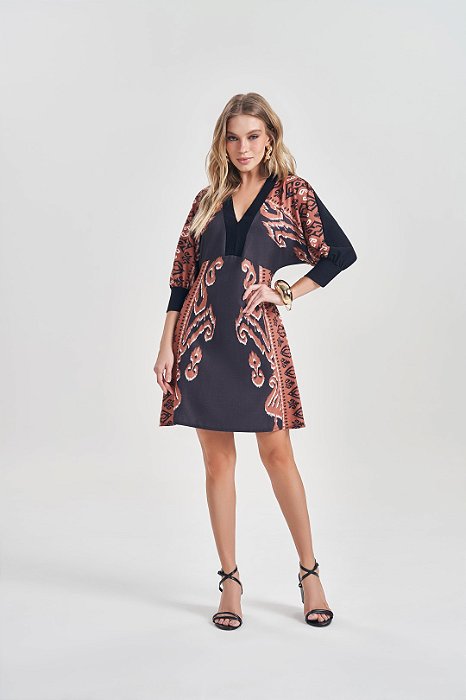 Vestido Preto Em Ribana Canelada E Estampa Frontal Em Sarja Four Way Doce Trama - 105318