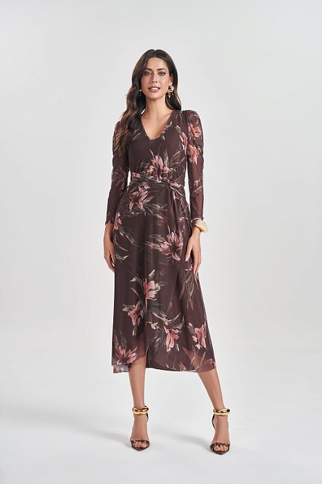 Vestido Midi Marrom Com Estampa Em Tule De Manga Longa Doce Trama - 105330