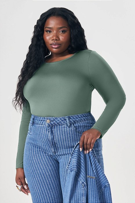Blusa Plus Size Verde De Manga Longa Em Microfibra Térmica Lisamour - 202006