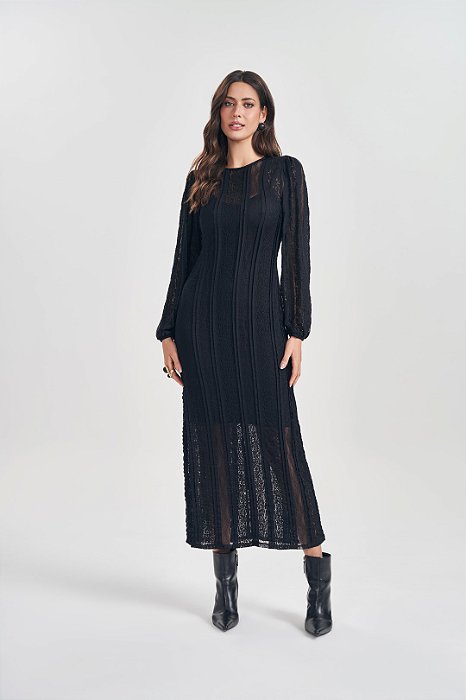 Vestido Maxi Midi Preto Em Renda De Manga Longa Acompanha Forro Doce Trama - 105312