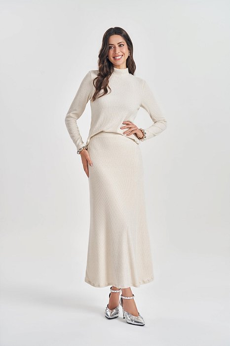 Conjunto De Saia Maxi Midi Off White Em Malha Tricot Com Fios De Lurex Doce Trama - 105345