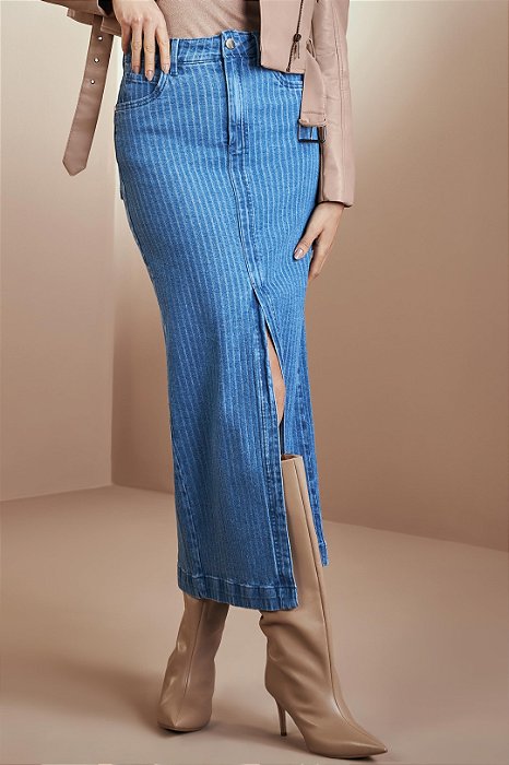 Saia Maxi Midi Em Jeans Maquinetado Com Elastano Doce Trama - 105293