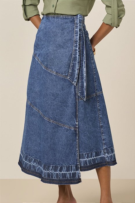 Saia Maxi Midi Jeans Envelope Com Recortes E Barra Desfeita Titanium - 27807