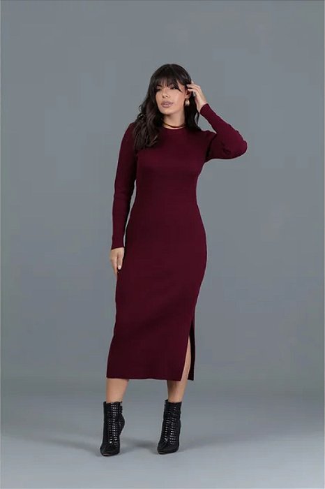 Vestido Maxi Midi Marsala Em Tricot Com Fendas Laterais Hadaza - 051434