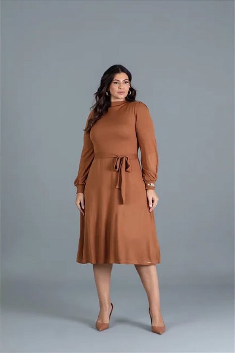 Vestido Plus Size Midi Caramelo Em Tricot Acompanha Faixa Hadaza - 051435