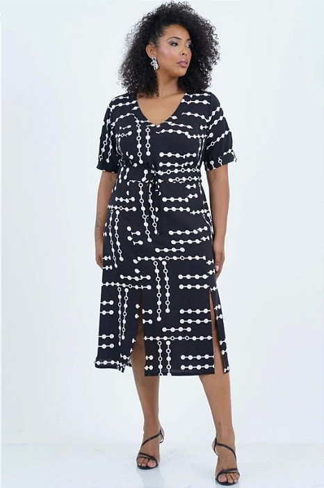 Vestido Plus Size Midi Preto Com Estampa Off White E Fendas Frontais - 246041