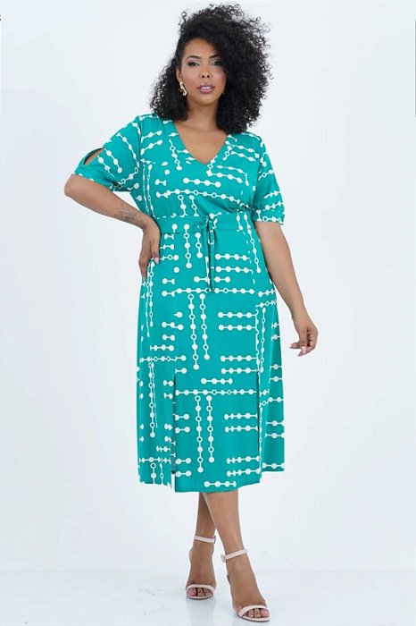 Vestido Plus Size Midi Verde Com Estampa Off White E Fendas Frontais - 246041