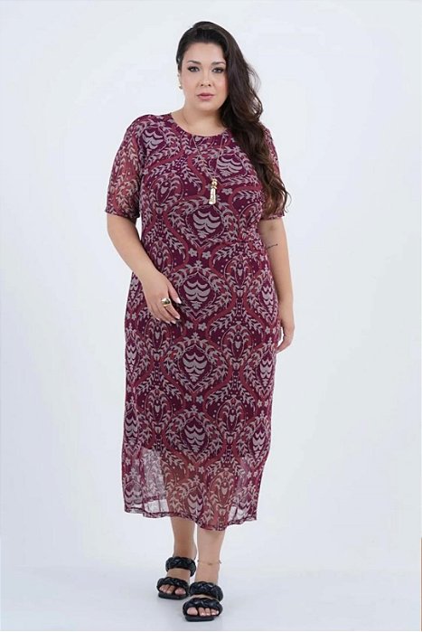 Vestido Plus Size Maxi Midi Estampado Em Tule Com Detalhe Drapeado - 252004