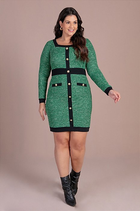 Vestido Plus Size Verde Com Recortes Preto Em Tweed Hadaza - 051201