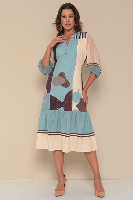 Vestido Midi Estampado Em Toque De Seda E Manggas Em Chiffon - 15537