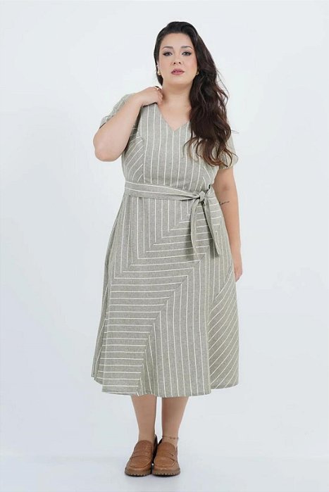 Vestido Plus Size Midi Verde Com Listras Off White Em Linho - 257085